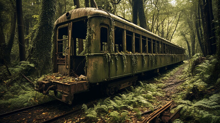 Fototapeta premium abandoned rusty train car in forest single rusty abandoned train car sits in the middle dense forest