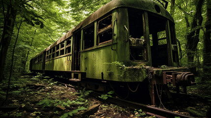 a single rusty abandoned train car sits in the middle of dense forest, overtaken by nature - obrazy, fototapety, plakaty