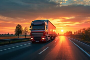 Truck carrying cargo on road during sunset