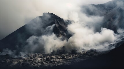 A closeup of a volcanic crater, with thick clouds of ash spewing from the top and smaller eruptions seen around the edges.