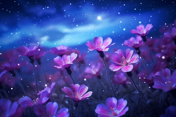 Beautiful purple flower field at night sky light. 
