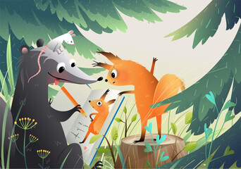 Animals drawing a picture in the forest, skunk draws a portrait for a funny squirrel. Art and craft school in nature, story for kids. Isolated storytelling pages for children. Vector illustration. - 716092150