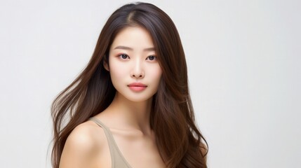 Fototapeta premium Beautiful Asian Singaporean Woman Portrait Studio Photo Photography Profile Picture Young Model with Long Hair for Fashion Beauty Skincare Haircare Products on Light Solid Color Background 16:9