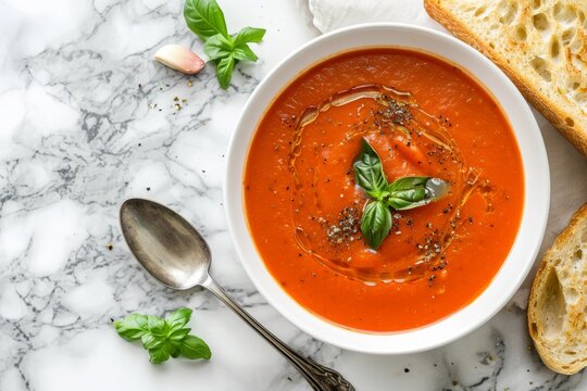 Hot tomato soup with bread roasted tomatoes and basil over marble background