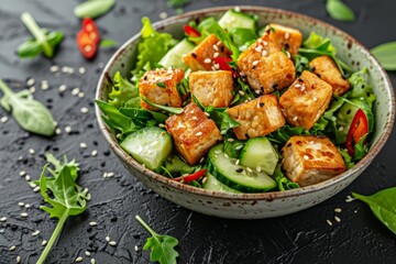 Asian vegan salad with tofu and cucumbers topped with sesame seeds served in a ceramic bowl on a black stone background
