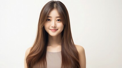 Fototapeta premium Beautiful Asian Taiwanese Woman Portrait Studio Photo Profile Picture Young Model with Long Hair for Fashion Beauty Skincare Haircare Products on Light Solid Color Background 16:9