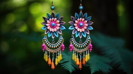 Detailed closeup of a pair of statement earrings, made with intricate beadwork and displayed on a vibrant flower petal in a garden.