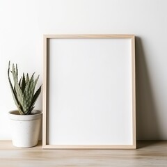Minimalist frame mockup resting on a wooden table, next to a lovely plant, isolated white wall with sunlight at  background...