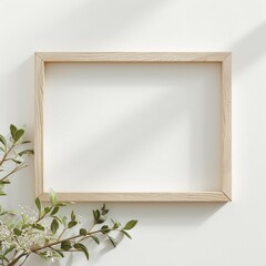 A top and close-up view of single, empty, wooden frame mock-up on an isolated white background, with decoration like green plant...
