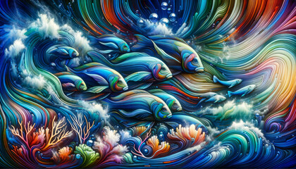Tropical Fish in Swirling Ocean Currents.
Colourful fish caught in the swirling dance of ocean currents.