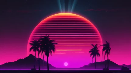 Tuinposter Roze 80s retro futuristic sci-fi background. Retrowave VJ videogame landscape with neon lights and low poly terrain grid. Stylized vintage cyberpunk vaporwave 3D render with mountains, sun and stars. 4K