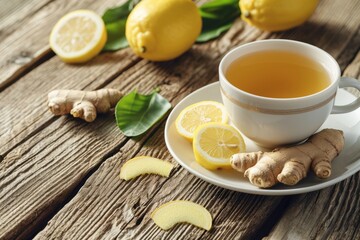 Ginger tea with lemon on table food photography Morning light wooden table