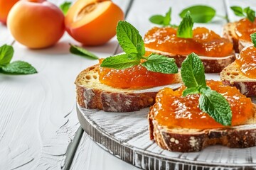 Delicious breakfast with toast apricot jam fresh fruits and mint on a wooden table