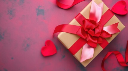 Kraft gift box with beautiful red and pink ribbon, concept of Valentine, birthday, mother's day and anniversary greeting, copyspace, topview.