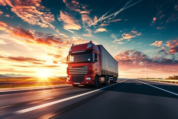 Spectacular sunrise or sunset as a backdrop for the large heavy semitrailer truck carrying a sea shipping container on the highway representing the cargo tran