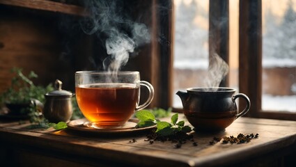 Fototapeta premium steaming hot herbal tea in a wooden house with snow outside