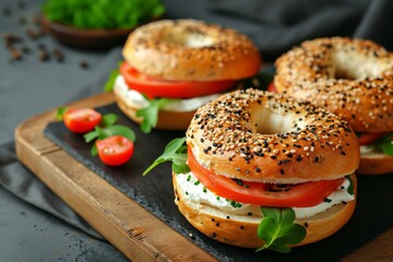 Healthy vegetarian snacks that consist of bagel sandwiches with cream cheese tomatoes and chives