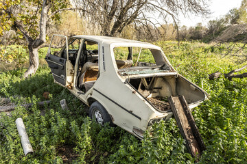 An old abandoned vehicle eaten by vegetation
