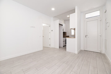 An empty white room in a loft-style house with an armored access door