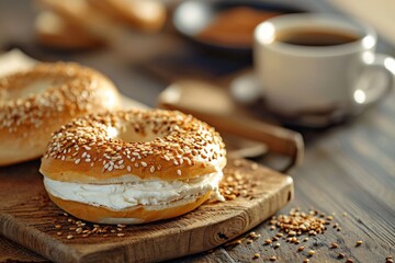 Sliced bagel with creamy spread and hot beverage - obrazy, fototapety, plakaty