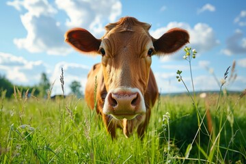 Cow grazing in open field while muzzle approaches camera under a sunny summer sky
