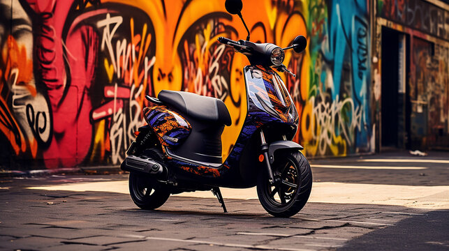 stylish electric scooter with custom paint job leans against graffiti-covered wall in urban art