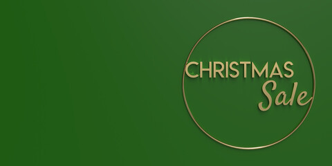 3D rendered, gold color christmas sale text on green background with large copy space.