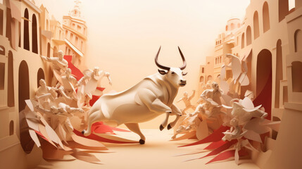 San Ferm√≠n - Pamplona,  Spain (Running of the Bulls) made in paper cut craft