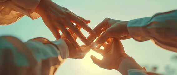 people holding together their hands. iconic gestures of cooperation, unity and teamwork. generative AI - obrazy, fototapety, plakaty