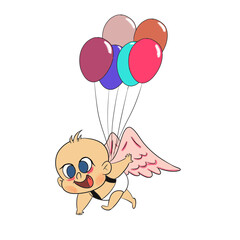 cute blue eyes baby angel with pink wings try to fly use balloons