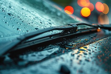 Car windshield with rain drops and frameless wiper blade closeup. ai generative - obrazy, fototapety, plakaty