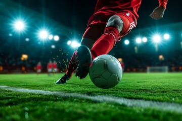 Red uniform player kicking soccer ball powerfully in night match close up - obrazy, fototapety, plakaty