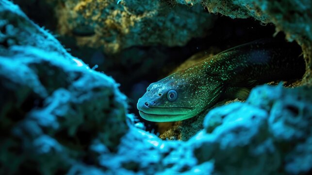 Neon green eels peek out from their hiding spots a the rocks adding a touch of mystery to the already surreal underwater world