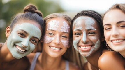 Closeup of a diverse group of women trying out face masks, each with different skin concerns such as dryness, oiliness, and fine lines.
