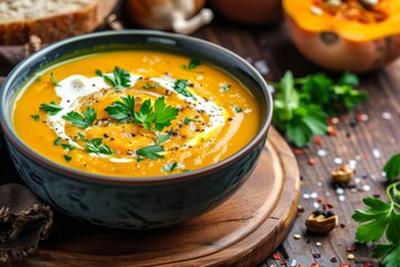 Creamy pumpkin and carrot soup garnished with fresh parsley on a dark wooden backdrop
