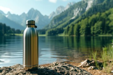 Steel eco thermo water bottle on lake background in the mountains Zero waste no plastic sustainability emphasized