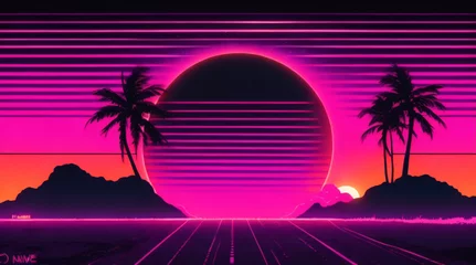 Photo sur Plexiglas Roze 80s retro futuristic sci-fi background. Retrowave VJ videogame landscape with neon lights and low poly terrain grid. Stylized vintage cyberpunk vaporwave 3D render with mountains, sun and stars. 4K