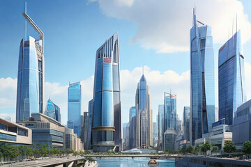 Naklejka premium Dazzling Financial Hub. Cityscape with iconic business buildings and banking institutions. A vibrant representation of economic prowess and urban success.