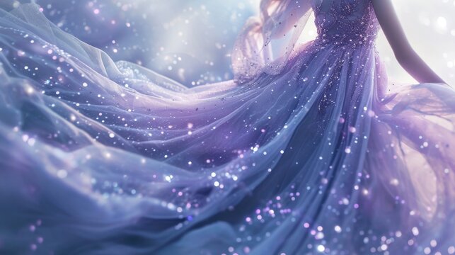 A fairy tale princess wearing a flowing gown in shades of lavender and periwinkle, her porcelain skin aglow with shimmering sparks in the same hues.
