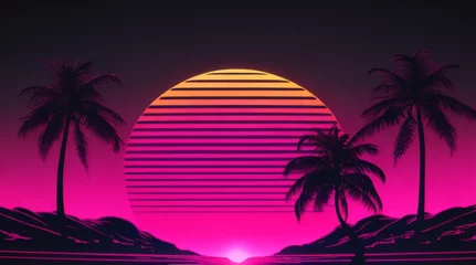 Fototapete Rosa 80s retro futuristic sci-fi background. Retrowave VJ videogame landscape with neon lights and low poly terrain grid. Stylized vintage cyberpunk vaporwave 3D render with mountains, sun and stars. 4K
