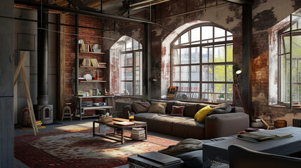 Grey and white loft interior with couch, dresser and chair . Ai Generative