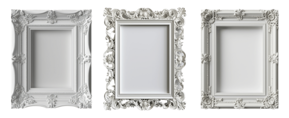 Top and close-up view of antique style, white, and wooden picture frame, on a isolated smooth white background...