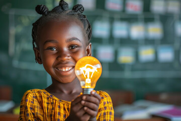 African Child holding a light bulb in the classroom, concept of ideas and creativity. Generative AI - obrazy, fototapety, plakaty
