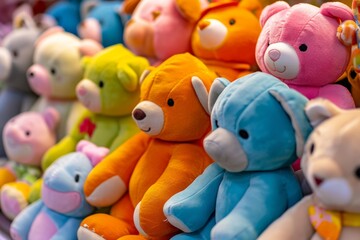 Selective focus on fair prizes including plush toys stuffed animals and plush dolls