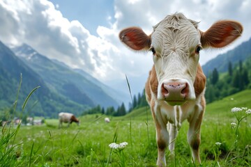Amusing cow posing with Alps on a green meadow