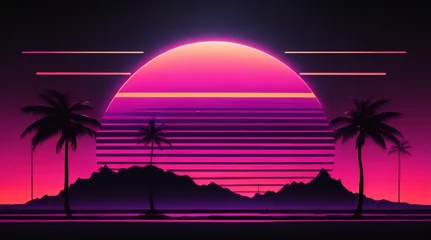 Foto auf Alu-Dibond 80s retro futuristic sci-fi background. Retrowave VJ videogame landscape with neon lights and low poly terrain grid. Stylized vintage cyberpunk vaporwave 3D render with mountains, sun and stars. 4K © Cobe