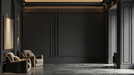 Luxury living room in dark color. Gray paint walls, warm light and lounge furniture. Ai Generative