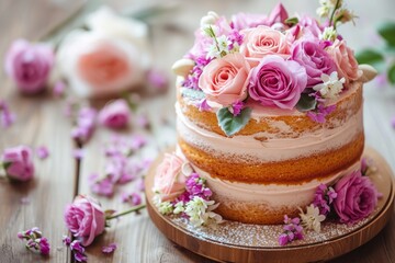 Floral cakes creatively adorned with love on wooden backdrop for special occasions highlighting focus and free area