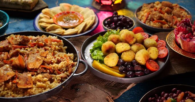 Traditional Middle Eastern cuisine. Eating foods at suhoor and iftar during Ramadan