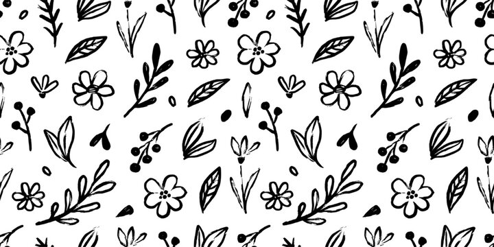 Abstract flower doodle brush seamless pattern. Sketch hand drawn spring floral plant, nature graphic leaf, scribble grunge brush texture black and white ink seamless pattern. Vector illustration